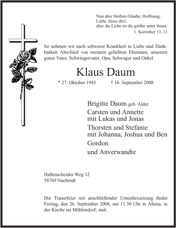 Traueranzeige von Klaus Daum