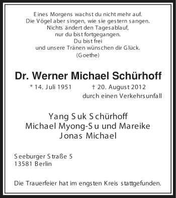Traueranzeige von Werner Michael Schürhoff