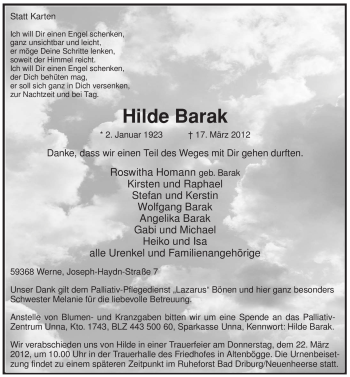Traueranzeige von Hilde Barak