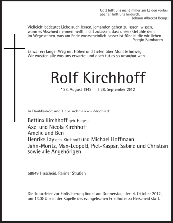 Traueranzeige von Rolf Kirchhoff