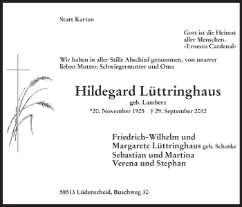 Traueranzeige von Hildegard Lüttringhaus