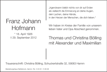 Traueranzeige von Franz Johann Hofmann