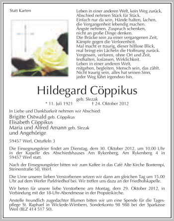 Traueranzeige von Hildegard Cöppikus
