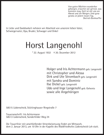 Traueranzeige von Horst Langenohl