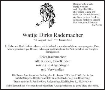 Traueranzeige von Wattje Dirks Rademacher