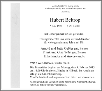 Traueranzeige von Hubert Beltrop