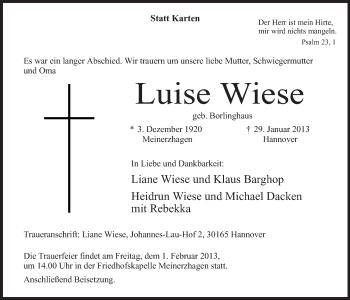 Traueranzeige von Luise Wiese