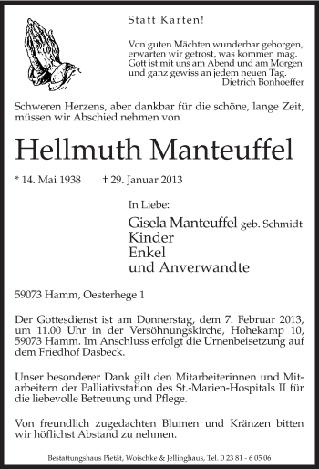 Traueranzeige von Hellmuth Manteuffel