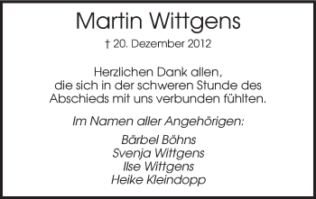 Traueranzeige von Martin Wittgens