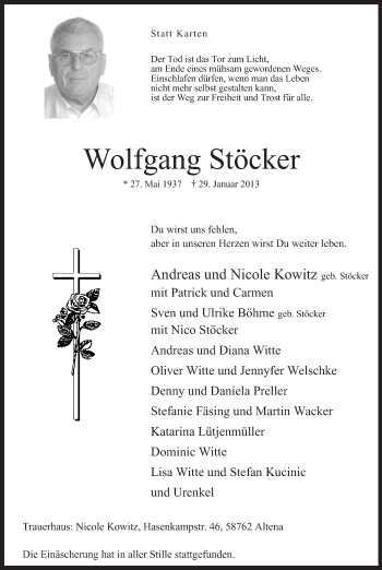 Traueranzeige von Wolfang Stöcker