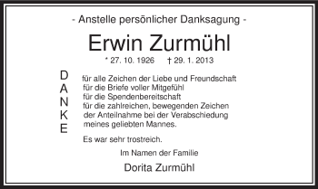 Traueranzeige von Erwin Zurmühl