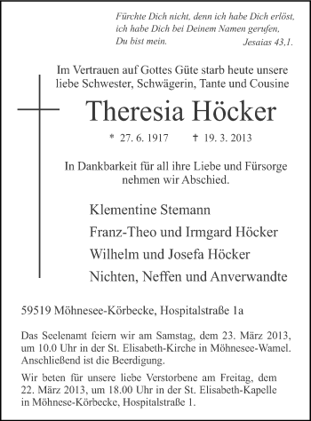 Traueranzeige von Theresia Höcker