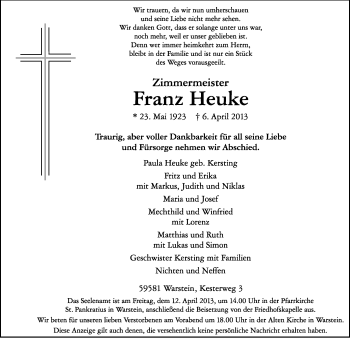 Traueranzeige von Franz Heuke