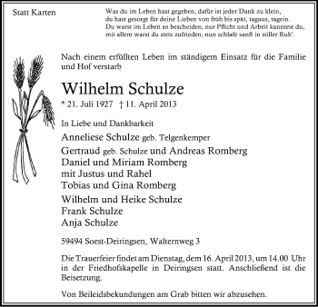 Traueranzeige von Wilhelm Schulze