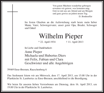 Traueranzeige von Wilhelm Pieper