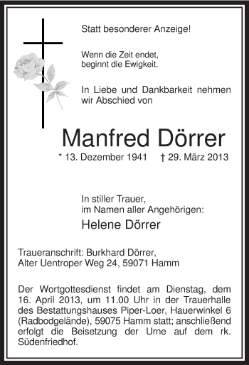 Traueranzeige von Manfred Dörrer