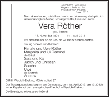 Traueranzeige von Vera Röther