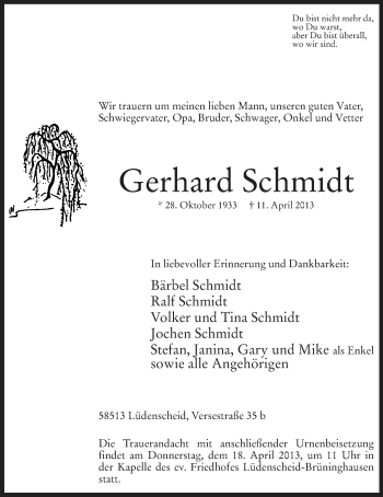 Traueranzeige von Gerhard Schmidt