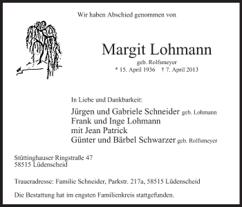 Traueranzeige von Margit Lohmann