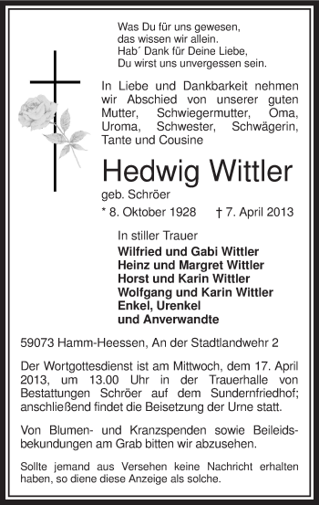 Traueranzeige von Hedwig Wittler