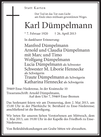 Traueranzeige von Karl Dümpelmann