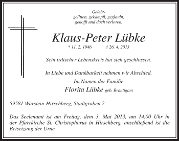 Traueranzeige von Klaus-Peter Lübke