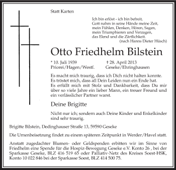 Traueranzeige von Otto Friedhelm Bilstein