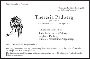 Traueranzeige von Theresia Padberg