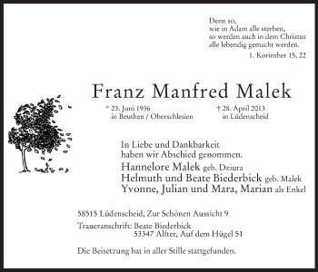 Traueranzeige von Franz Manfred Malek
