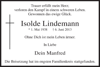 Traueranzeige von Isolde Lindemann