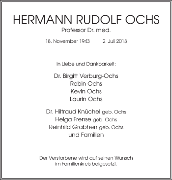 Traueranzeige von Hermann Rudolf Ochs