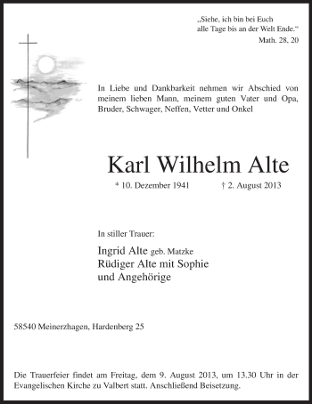 Traueranzeige von Karl Wilhelm Alte