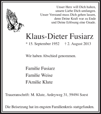 Traueranzeige von Klaus-Dieter Fusiarz