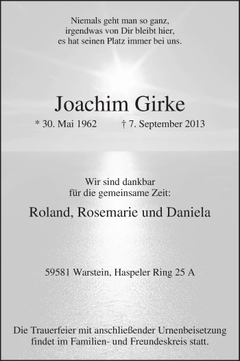 Traueranzeige von Joachim Girke