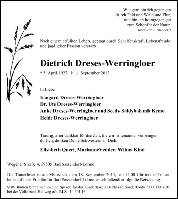 Traueranzeige von Dietrich Dreses-Werringloer