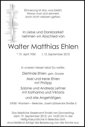 Traueranzeige von Walter Matthias Ehlen