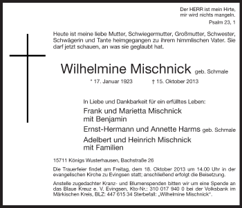 Traueranzeige von Wilhelmine Mischnick