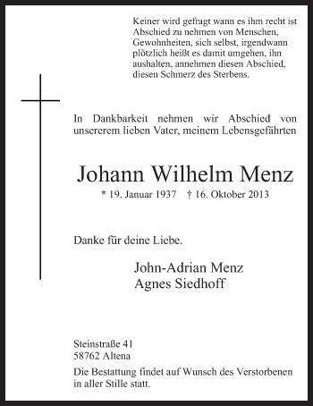 Traueranzeige von Johann Wilhelm Menz