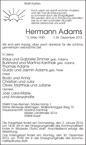 Traueranzeige von Hermann Adams