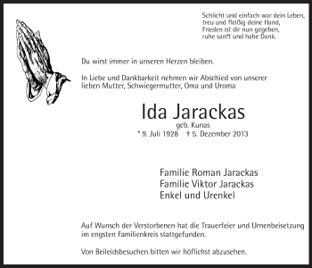 Traueranzeige von Ida Jarackas