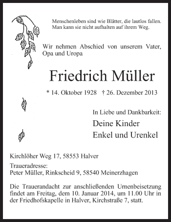 Traueranzeige von Friedrich Müller