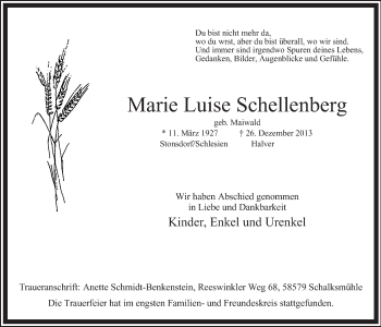 Traueranzeige von Marie Luise Schellenberg
