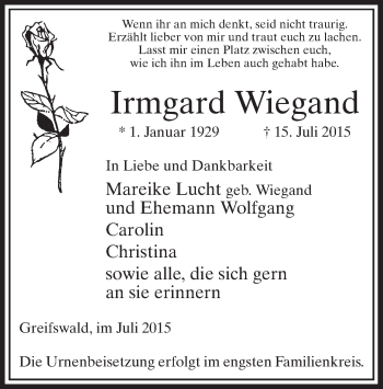 Traueranzeige von Irmgard Wiegand