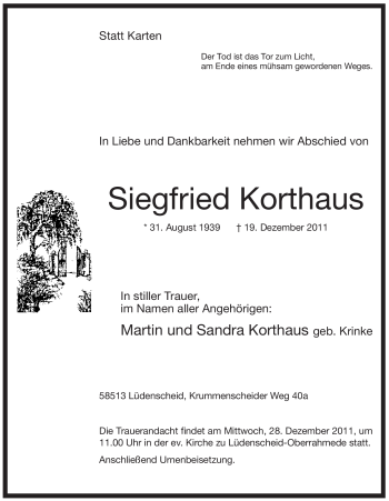 Traueranzeige von Siegfried Korthaus