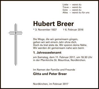 Traueranzeige von Hubert Breer