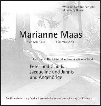 Traueranzeige von Marianne Maas