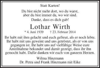 Traueranzeige von Lothar Wirth