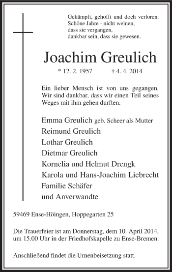 Traueranzeige von Joachim Greulich