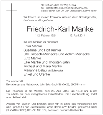 Traueranzeige von Friedrich-Karl Manke