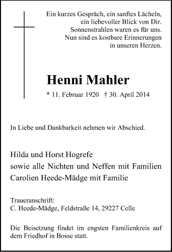 Traueranzeige von Henni Mahler